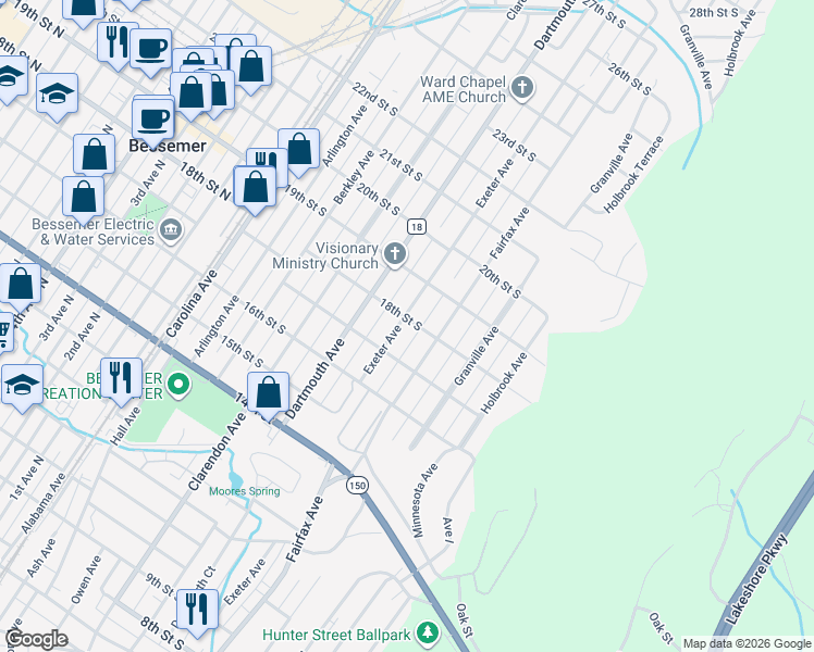 map of restaurants, bars, coffee shops, grocery stores, and more near 1801 Exeter Avenue in Bessemer