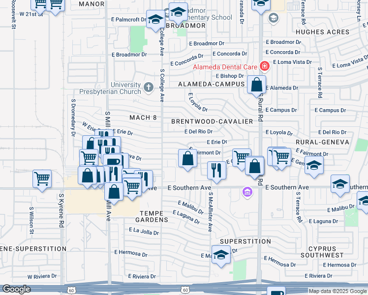 map of restaurants, bars, coffee shops, grocery stores, and more near 335 East Fairmont Drive in Tempe