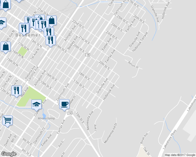 map of restaurants, bars, coffee shops, grocery stores, and more near 1817 Fairfax Avenue in Bessemer
