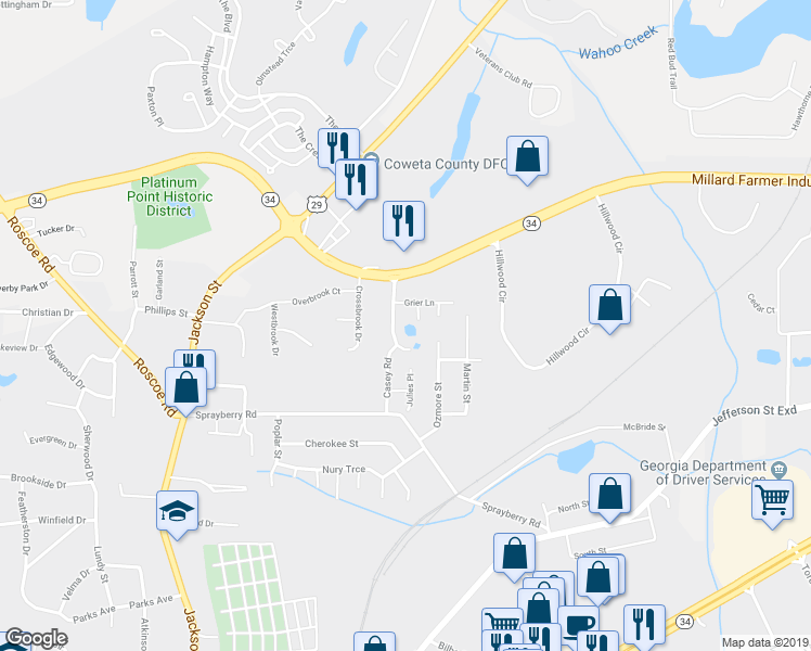 map of restaurants, bars, coffee shops, grocery stores, and more near 22 Harper's Farm Drive in Newnan