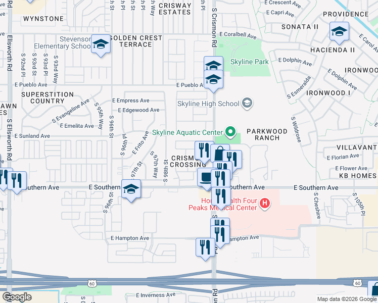 map of restaurants, bars, coffee shops, grocery stores, and more near 9911 East Forge Avenue in Mesa