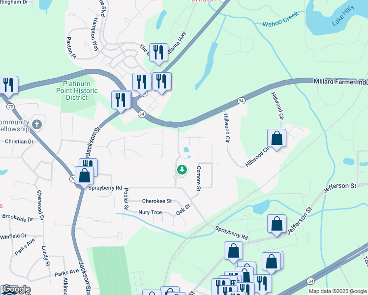 map of restaurants, bars, coffee shops, grocery stores, and more near 22 Harper's Farm Drive in Newnan