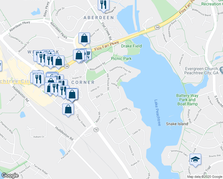 map of restaurants, bars, coffee shops, grocery stores, and more near 10 Colonial Drive in Peachtree City