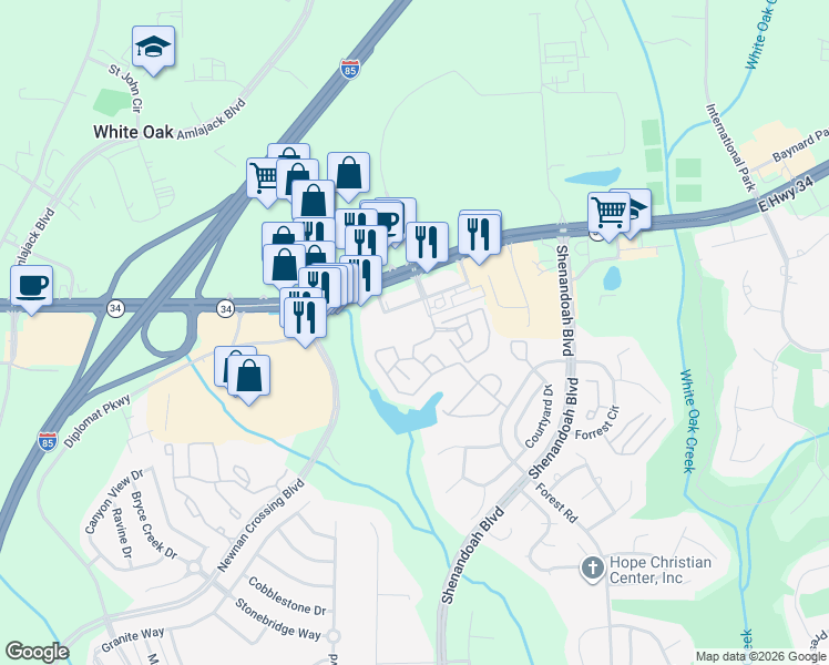map of restaurants, bars, coffee shops, grocery stores, and more near 40 Greenway Court in Newnan