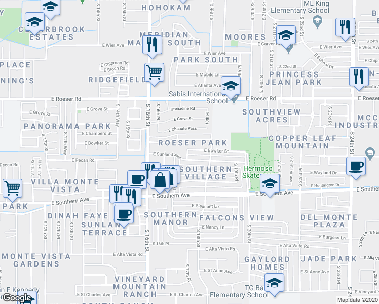 map of restaurants, bars, coffee shops, grocery stores, and more near 1727 East Bowker Street in Phoenix