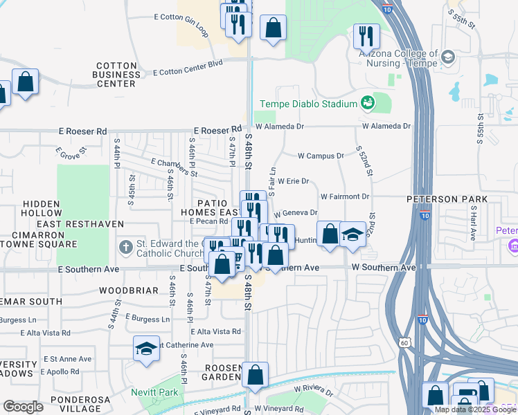 map of restaurants, bars, coffee shops, grocery stores, and more near 3015 West Fairmont Drive in Tempe