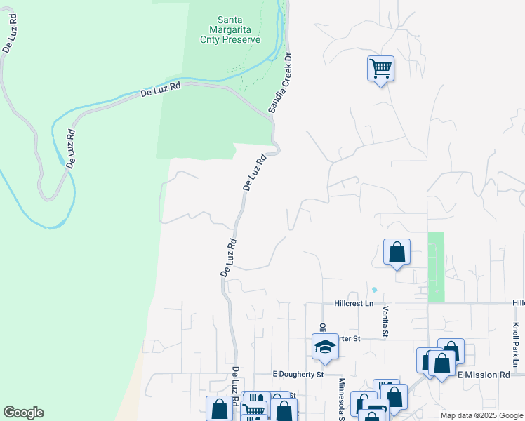 map of restaurants, bars, coffee shops, grocery stores, and more near 1361 De Luz Road in Fallbrook