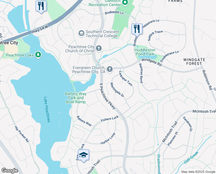 map of restaurants, bars, coffee shops, grocery stores, and more near 105 Lake Forest Drive in Peachtree City
