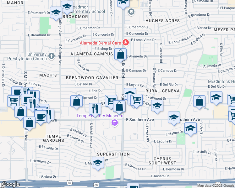map of restaurants, bars, coffee shops, grocery stores, and more near 3027 South Palm Drive in Tempe