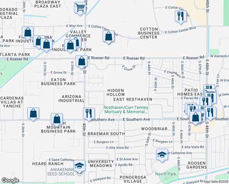 map of restaurants, bars, coffee shops, grocery stores, and more near 5615 South 41st Place in Phoenix