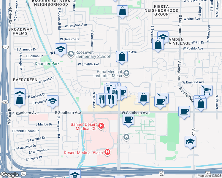 map of restaurants, bars, coffee shops, grocery stores, and more near 1030 South Dobson Road in Mesa