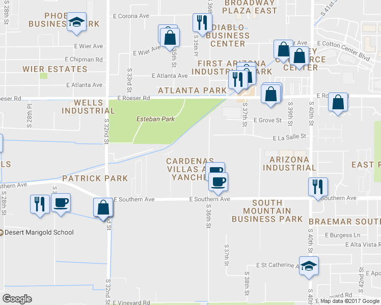 map of restaurants, bars, coffee shops, grocery stores, and more near 5814 South 36th Street in Phoenix