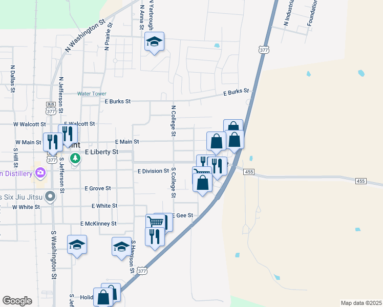 map of restaurants, bars, coffee shops, grocery stores, and more near 633 E Roewe St in Pilot Point