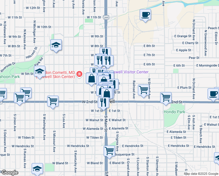 map of restaurants, bars, coffee shops, grocery stores, and more near 316 North Main Street in Roswell