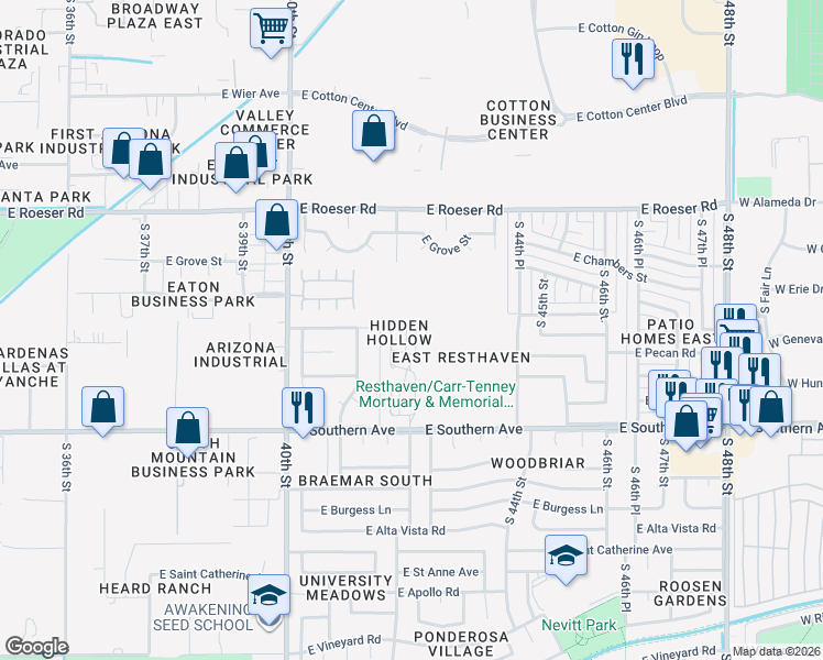 map of restaurants, bars, coffee shops, grocery stores, and more near 5617 South 42nd Street in Phoenix