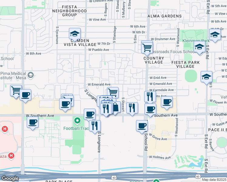 map of restaurants, bars, coffee shops, grocery stores, and more near 19 Indian Springs Village Apartments in Mesa
