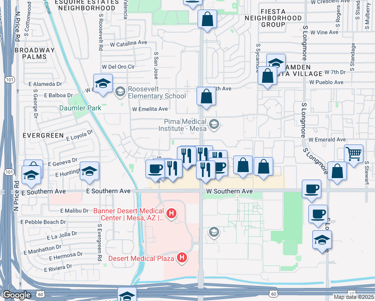 map of restaurants, bars, coffee shops, grocery stores, and more near 1030 South Dobson Road in Mesa