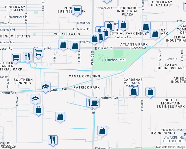 map of restaurants, bars, coffee shops, grocery stores, and more near 5611 South 32nd Street in Phoenix