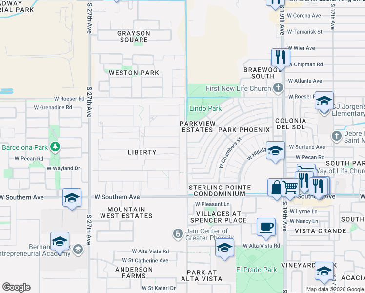map of restaurants, bars, coffee shops, grocery stores, and more near 5607 South 23rd Avenue in Phoenix