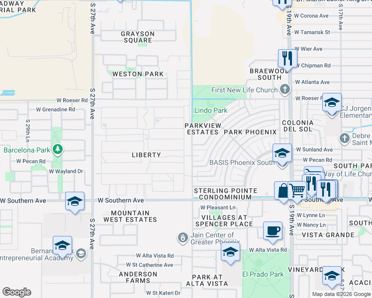 map of restaurants, bars, coffee shops, grocery stores, and more near 5607 South 23rd Avenue in Phoenix