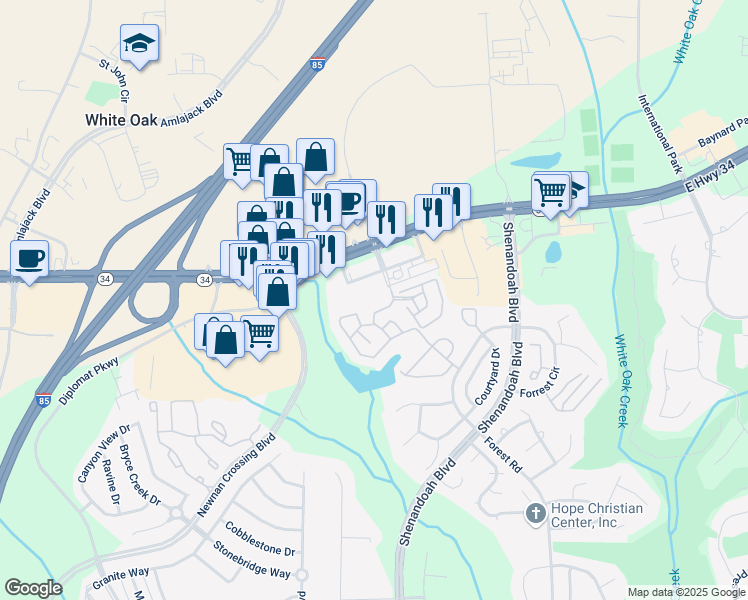 map of restaurants, bars, coffee shops, grocery stores, and more near 40 Greenway Court in Newnan