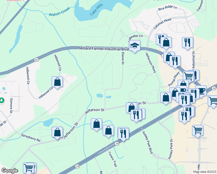 map of restaurants, bars, coffee shops, grocery stores, and more near 6 Lynn Circle in Newnan