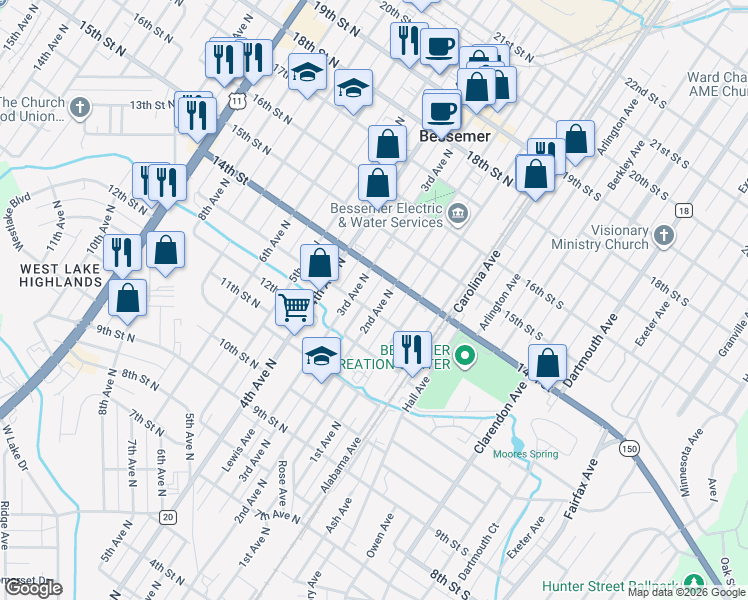 map of restaurants, bars, coffee shops, grocery stores, and more near 1308 2nd Ave N in Bessemer