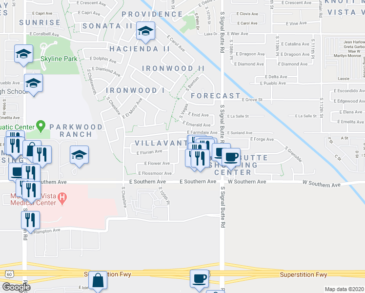 map of restaurants, bars, coffee shops, grocery stores, and more near 10636 East Florian Avenue in Mesa