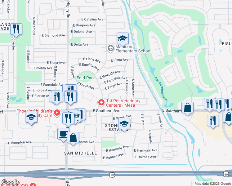 map of restaurants, bars, coffee shops, grocery stores, and more near 5453 East Florian Avenue in Mesa