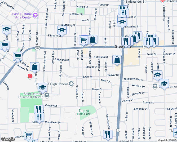 map of restaurants, bars, coffee shops, grocery stores, and more near 819 Fairview Avenue in Greenville