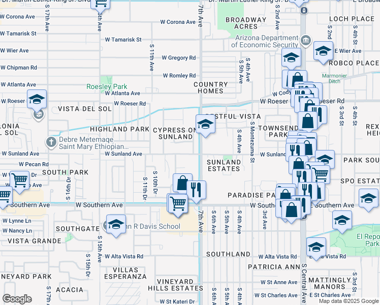 map of restaurants, bars, coffee shops, grocery stores, and more near 710 W Sunland Ave in Phoenix