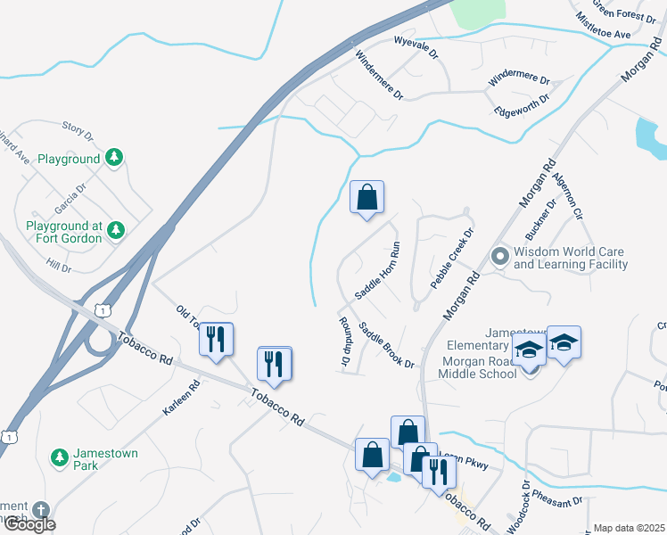 map of restaurants, bars, coffee shops, grocery stores, and more near 3333 Saddle Brook Drive in Hephzibah