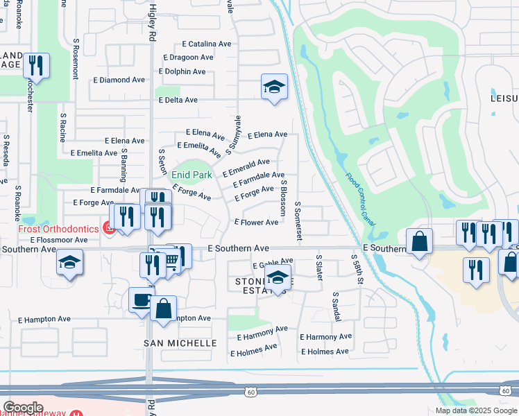 map of restaurants, bars, coffee shops, grocery stores, and more near 5453 East Florian Avenue in Mesa