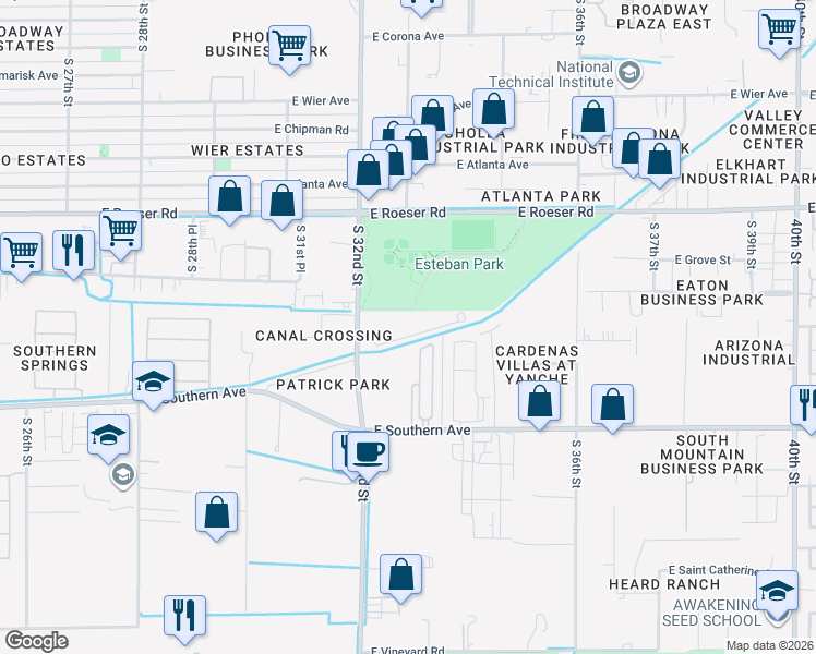 map of restaurants, bars, coffee shops, grocery stores, and more near 5611 South 32nd Street in Phoenix