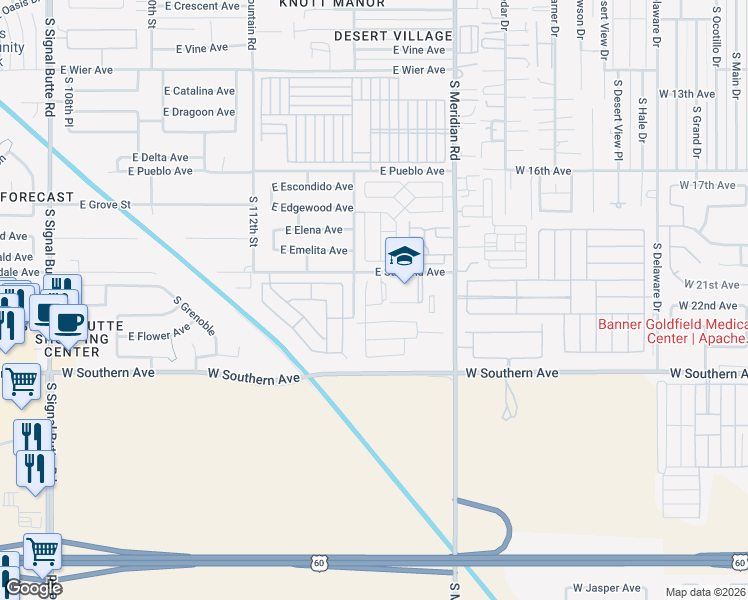 map of restaurants, bars, coffee shops, grocery stores, and more near 11430 East Forge Avenue in Mesa