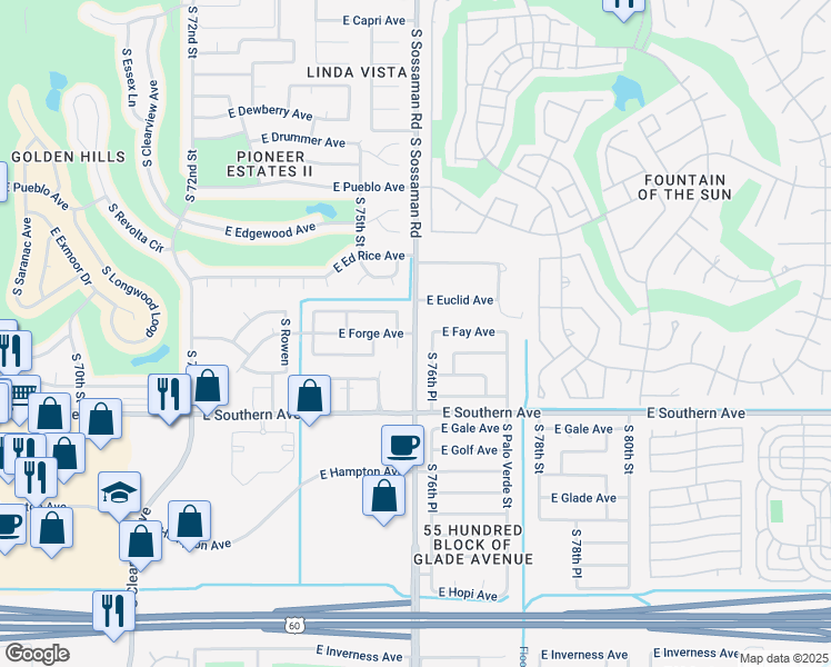 map of restaurants, bars, coffee shops, grocery stores, and more near 1099 South Sossaman Road in Mesa