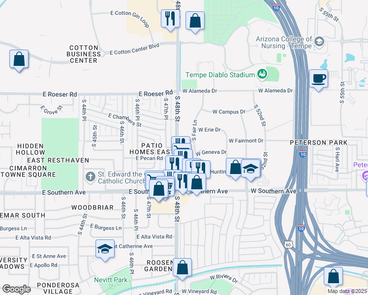 map of restaurants, bars, coffee shops, grocery stores, and more near 3015 West Fairmont Drive in Tempe