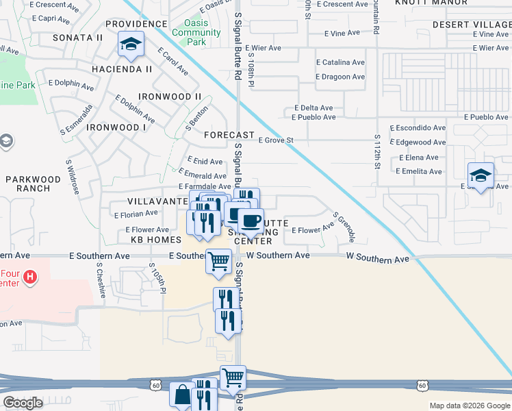 map of restaurants, bars, coffee shops, grocery stores, and more near 10828 East Florian Avenue in Mesa