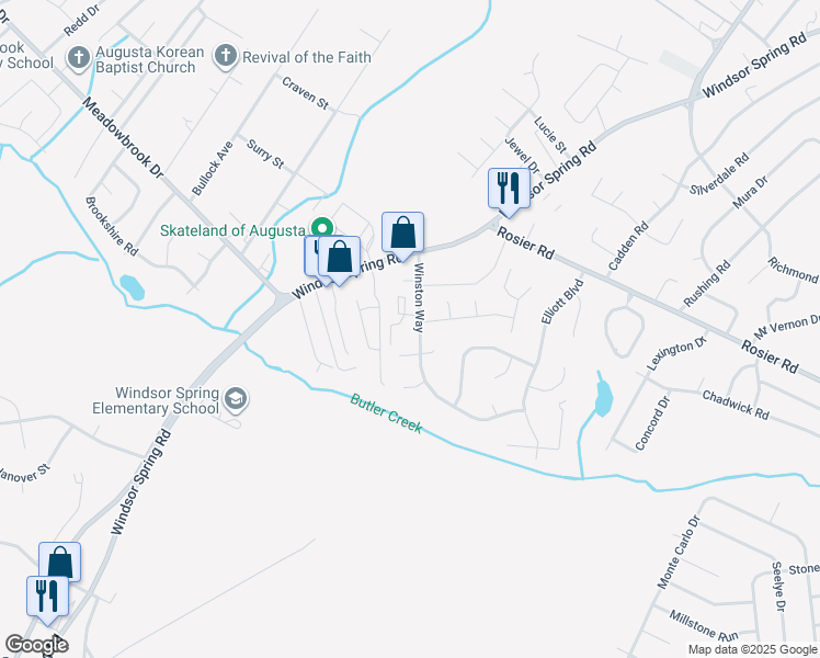 map of restaurants, bars, coffee shops, grocery stores, and more near 2342 Winston Way in Augusta