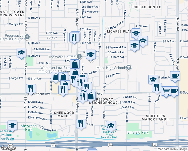map of restaurants, bars, coffee shops, grocery stores, and more near 1324 E Forge Ave in Mesa