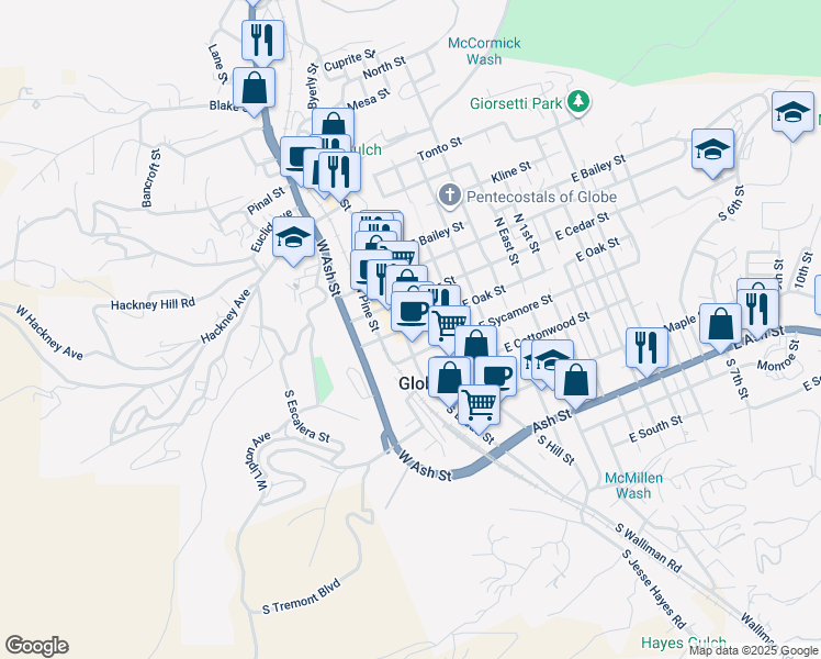 map of restaurants, bars, coffee shops, grocery stores, and more near 101 S Broad St in Globe