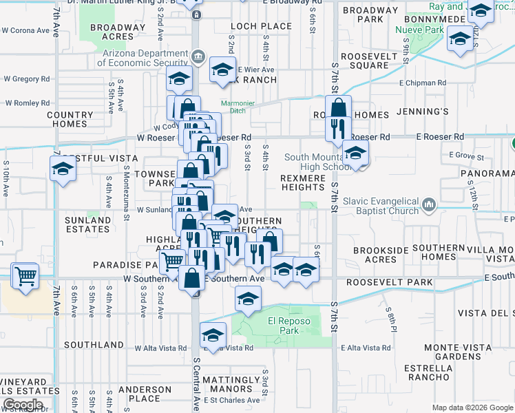 map of restaurants, bars, coffee shops, grocery stores, and more near 5456 East Sunland Avenue in Phoenix