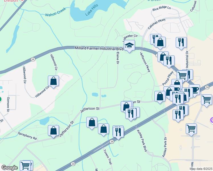 map of restaurants, bars, coffee shops, grocery stores, and more near 8 Lynn Circle in Newnan