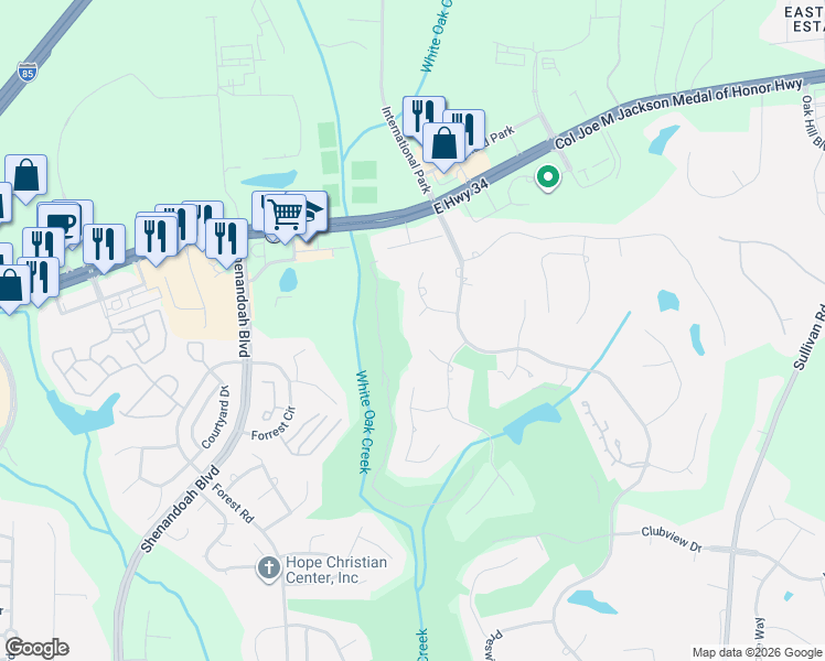 map of restaurants, bars, coffee shops, grocery stores, and more near 16 Audubon Point in Newnan