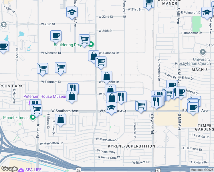 map of restaurants, bars, coffee shops, grocery stores, and more near 841 West Fairmont Drive in Tempe