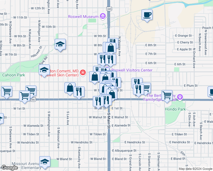 map of restaurants, bars, coffee shops, grocery stores, and more near 316 North Main Street in Roswell