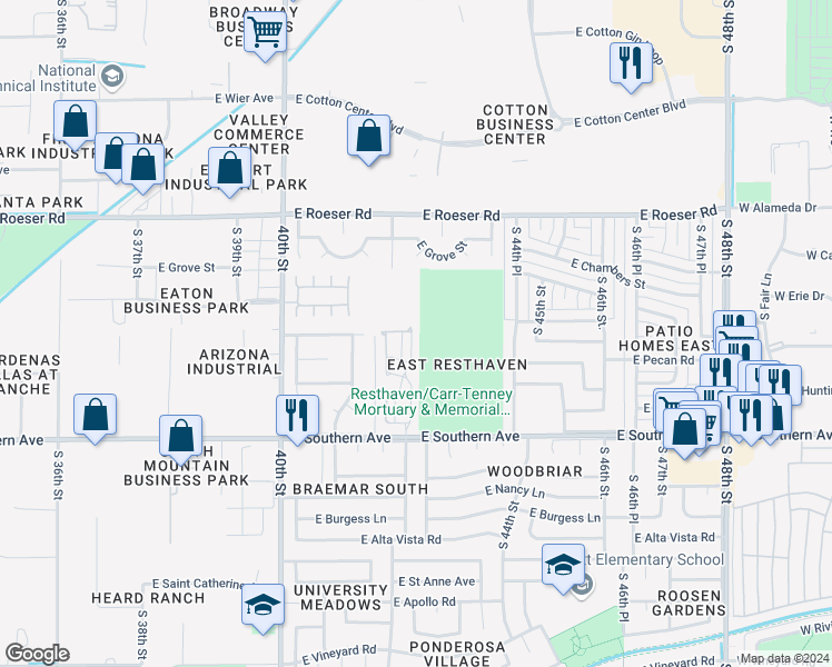 map of restaurants, bars, coffee shops, grocery stores, and more near 5617 South 42nd Street in Phoenix