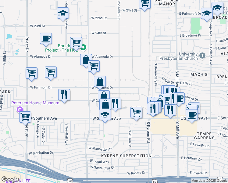 map of restaurants, bars, coffee shops, grocery stores, and more near 3000-3040 South Roosevelt Street in Tempe