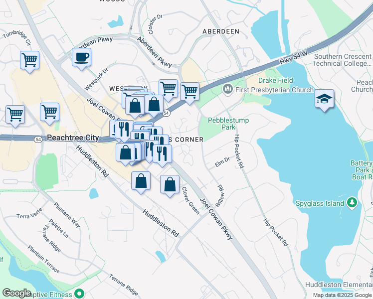 map of restaurants, bars, coffee shops, grocery stores, and more near 202 Twiggs Corners in Peachtree City