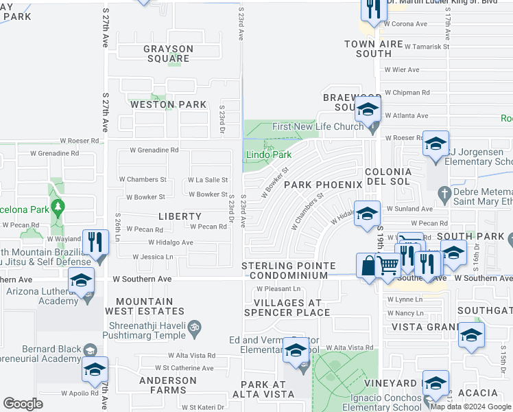 map of restaurants, bars, coffee shops, grocery stores, and more near 2257 W Bowker St in Phoenix